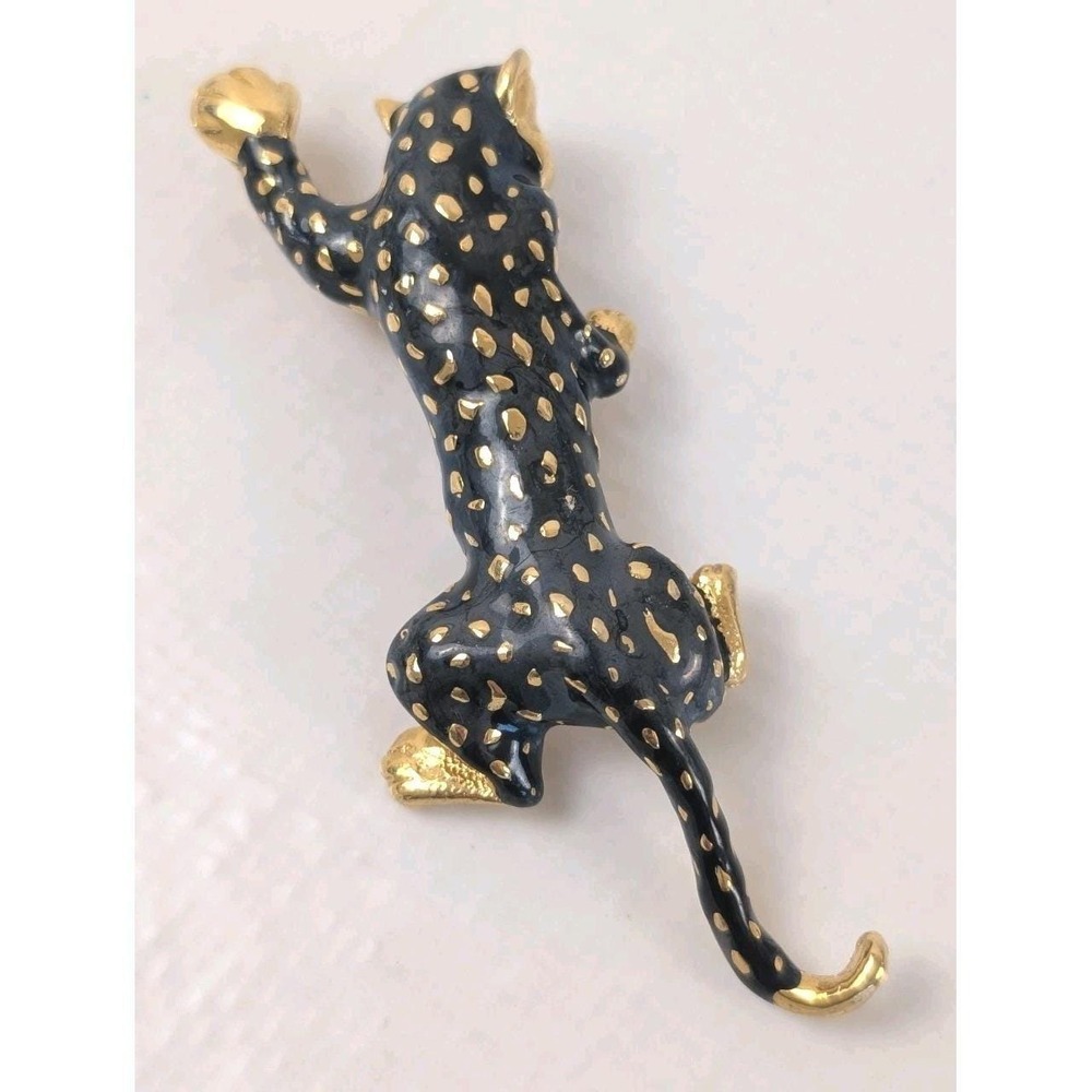 CAROLEE Black Enamel Leopard Panther Cat Brooch Gold Tone Vintage Style Pin